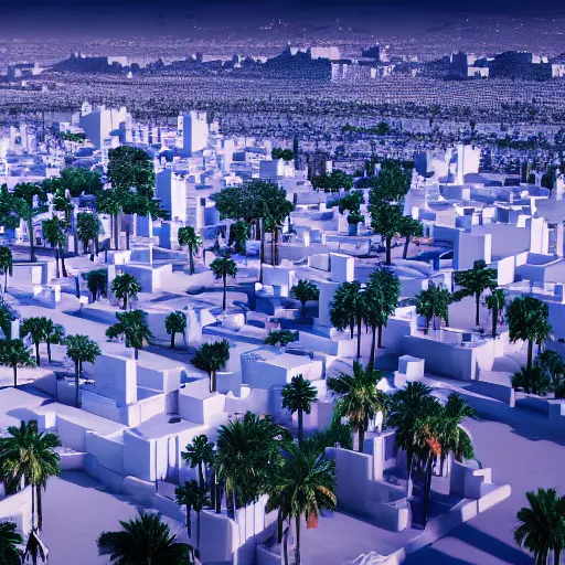 Prompt: Marrakech Morocco utopian city, white buildings, by Leon Tukker, Makoto Kobayashi, synthetic light, blue trees, people on the streets, utopia, perfect, futuristic, 8k high detail, masterpiece, trending on ArtStation