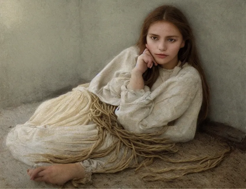 Image similar to peasant girl with long hair yarn knitting, cottage core, cinematic focus, polaroid photo bleached vintage pastel colors high - key lighting, soft lights, foggy, by steve hanks, by lisa yuskavage, by serov valentin, by tarkovsky, 8 k render, detailed, oil on canvas