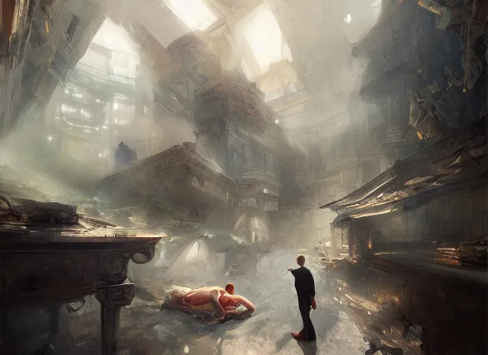 Prompt: the rich house and man lying on the floor alone around volumetric lighting, digital painting, highly detailed, artstation, sharp focus, illustration, concept art, ruan jia, steve mccurry, amazing composition