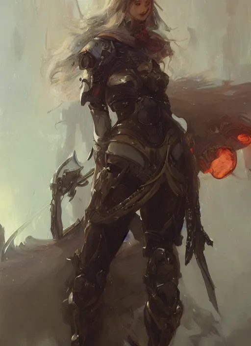 Image similar to character design game art digital 2 d girl medieval cyborg armor by gaston bussiere, anna nikonova aka newmilky, greg rutkowski, yoji shinkawa, yoshitaka amano, tsutomu niehi, donato giancola, geoffroy thoorens, trending on artstation, featured on pixiv