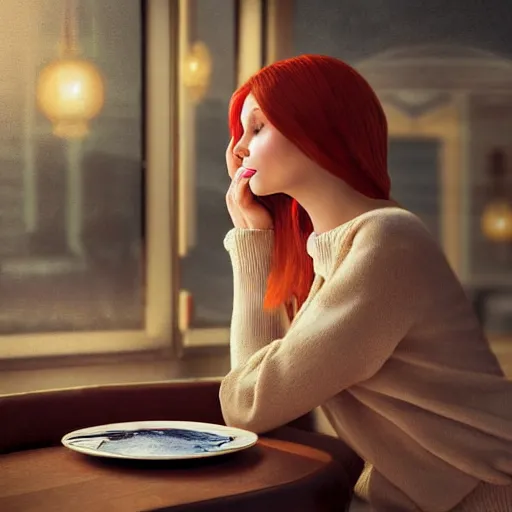 Prompt: Digital painting, hard brush stroke, redhead woman drinking steamy latte in dimly lit coffee shop, wearing elegant jewellery, relaxed pose, cosy, Hasselblad, happy, 8k, WLOP,