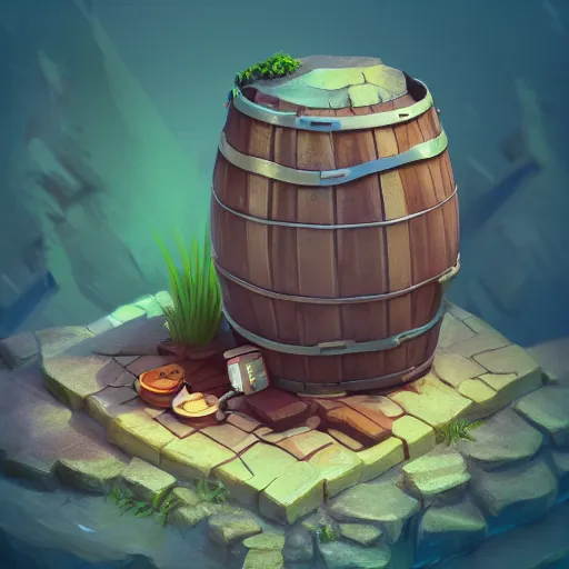 Image similar to isometric 3 d fantasy cute barrel, smoth 3 d illustration, cinematic matte painting, soft render, servando lupini, handpaint texture, blender, 3 dcoat