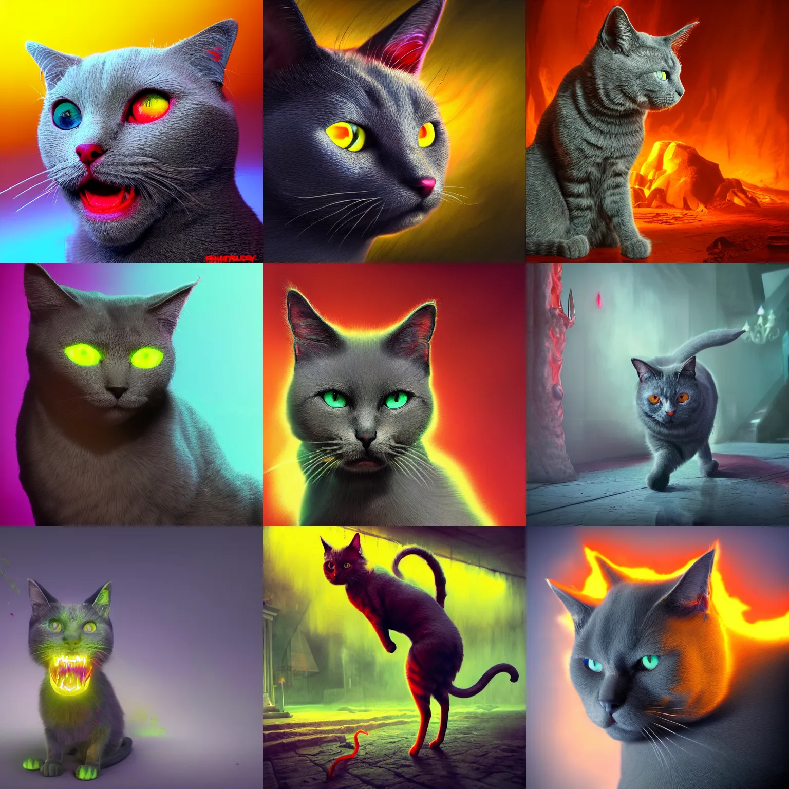 Prompt: Chartreux cat in hell, vivid colors, sharp focus, digital art, Hyper-realistic, 4K, Unreal Engine, Highly Detailed, HD, Dramatic Lighting by Brom, trending on Artstation