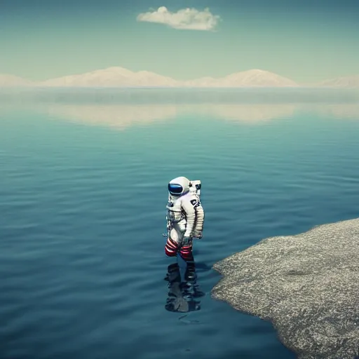 Prompt: ultra-realistic octane render of astronaut standing in the water of Lake Baikal and looking at the mountains. Trending on artstation