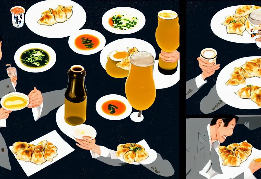 Image similar to two businessmen eating gyoza and drinking beer at an outdoor table in nighttime izakaya in shinbashi tokyo, japan, a collage painting, in the style of wes anderson, lola dupre, david hockney, isolated on negative white space background dark monochrome fluorescent neon spraypaint accents volumetric octane render