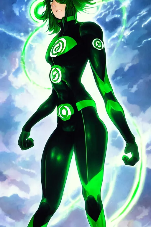 Image similar to anime key visual of a beautiful young female green lantern!! intricate, green and black suit, glowing, powers, dc comics, cinematic, stunning, highly detailed, digital painting, artstation, smooth, hard focus, illustration, art by artgerm and greg rutkowski and alphonse mucha