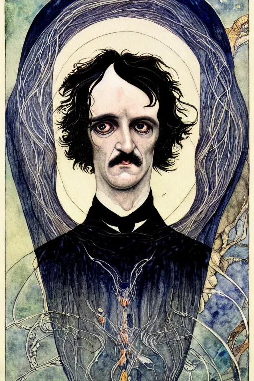 Prompt: realistic symmetrical portrait of edgar allen poe in the center of a frame of veins, detailed art by kay nielsen and walter crane, illustration style, watercolor