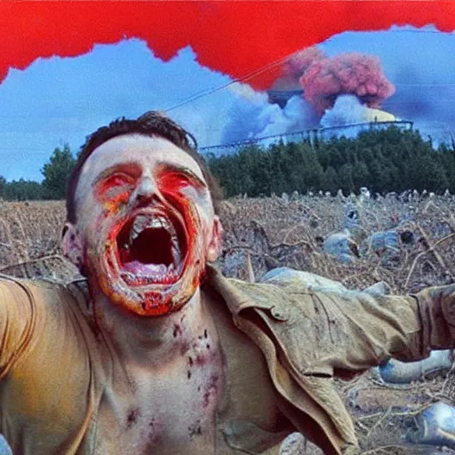 Image similar to selfie of a ukrainian screaming in pain and terrible injuries from a nuclear explosion, everything is on fire and radiation, in the background there are a lot of people like zombies, corpses and skeletons, a large nuclear explosion in the background, people are painted in yellow and blue, all dirty with severed limbs, doomsday