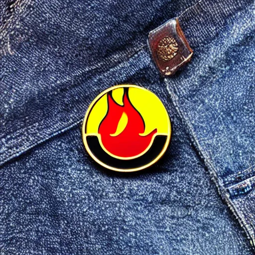 Image similar to simple yet detailed, pictogram fire warning flame enamel pin retro design