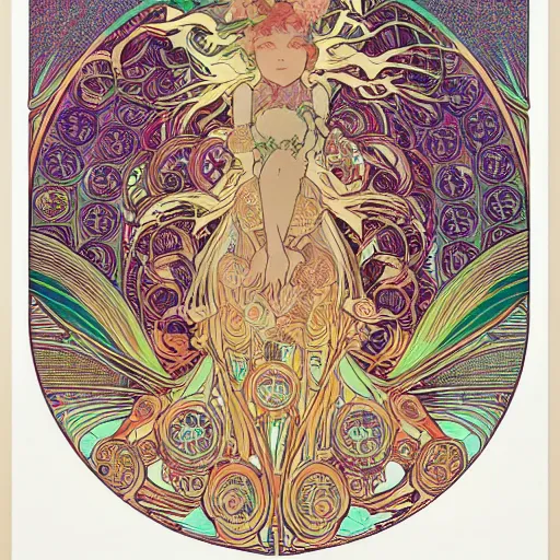 Prompt: psychedelic alphonse mucha victo ngai beautiful cybernetic flower field