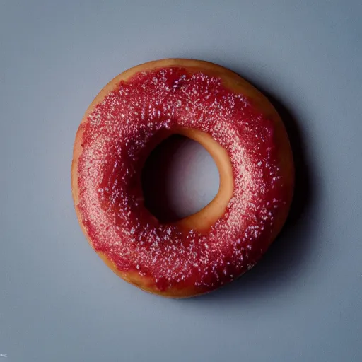 Image similar to Perfectly circular donut!!!!! in the shape of a strawberry!!!!!!, trending on artstation, 4k, 8k, professional photography, overhead shot, 35mm lens