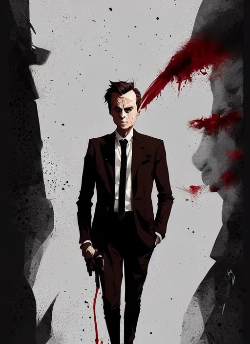 Image similar to highly detailed closeup portrait of angry handsome martin wallstrom, tyrell wellick, wearing suit by atey ghailan, by greg rutkowski, by greg tocchini, by james gilleard, by joe fenton, by kaethe butcher, gradient red, brown black and white only color scheme, grunge aesthetic!!! ( ( graffiti tag wall background ) )