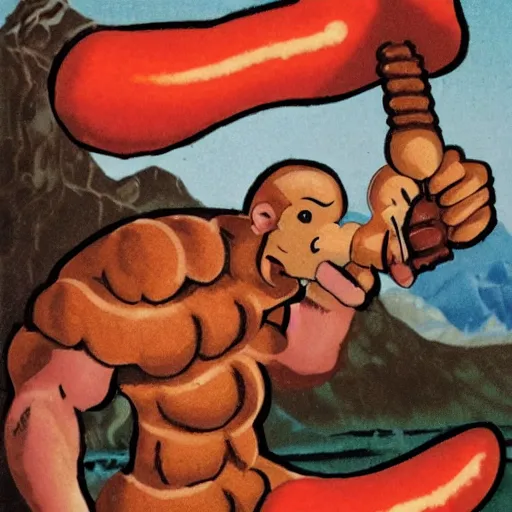 Image similar to a cyclops wielding a savaloy sausage