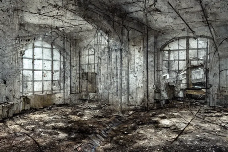 Image similar to matte paint andrey Tarkovsky stalker movie abandoned building interiors,