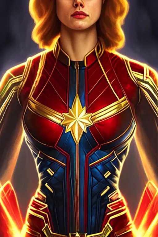 Image similar to alexandra daddario as captain marvel, realistic portrait, symmetrical, highly detailed, digital painting, artstation, concept art, smooth, sharp focus, illustration, cinematic lighting, art by artgerm and greg rutkowski and alphonse mucha