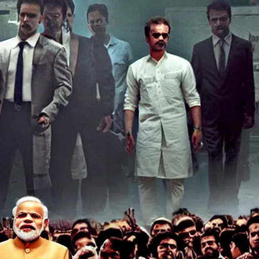 Image similar to narendra modi in fight club, surrounded by a lot of people, a still from the movie fight club 8 k