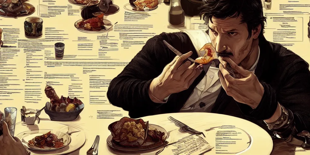 Prompt: pedro pascal eating dinner, character sheet, storyboard, character design, contrast, deep focus, turnaround, highly detailed, dramatic lighting, digital painting, artstation, concept art, matte, sharp focus, illustration, elegant, art by artgerm and greg f and alphonse mucha.