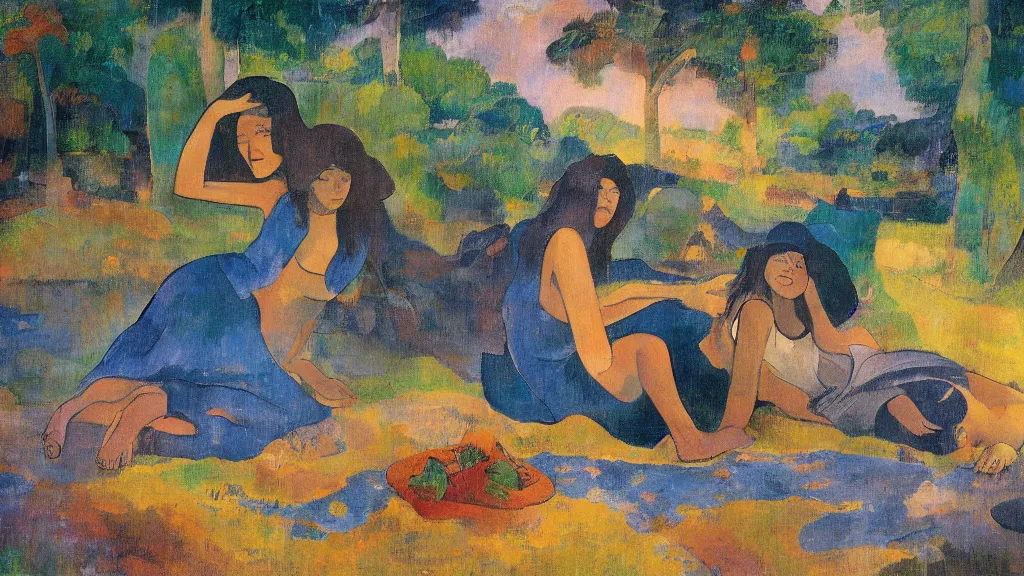 Image similar to chillhop picture, in style of paul gauguin, 4 k, high resolution details,