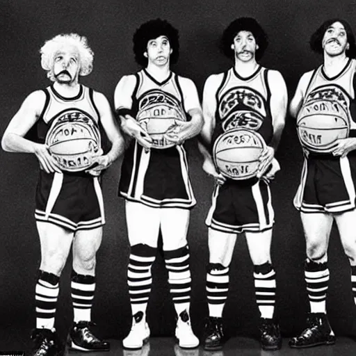 Prompt: a basketball team of einstein lookalikes dressed as the teenage mutant ninja turtles posing for a team photo in 1976