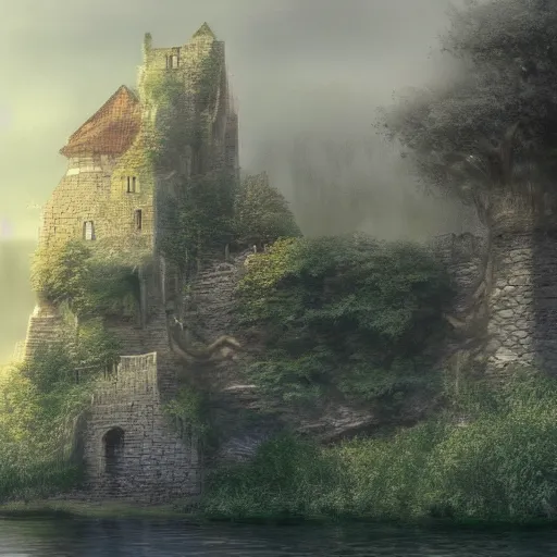 Image similar to a stone castle surrounded by lakes and trees, mist, fantasy, concept art, clear, crisp, sharp, extremely detailed, wallpaper