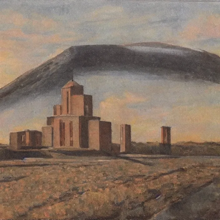 Prompt: a building in a serene landscape, soviet realism