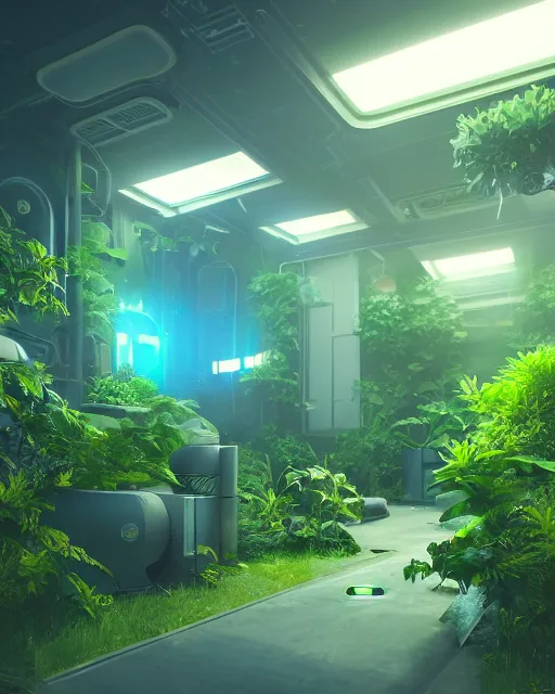 Image similar to Solarpunk gaming PC, futuristic utopia, scifi, green plants, blue light, small room, fine details, atmosphere, glow, extreme realistic, trending on artstation