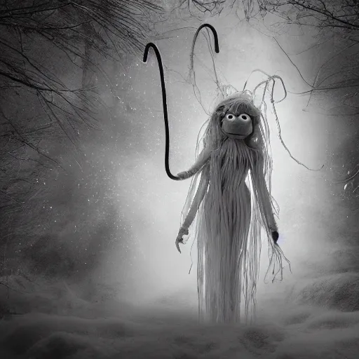 Image similar to humanoid ethereal ghostly live action muppet wraith like figure with a lightbulb jellyfish head with two very long tentacles for arms that flow gracefully at its sides with a long fuzzy snake tail in place of its legs, it stalks around the frozen tundra searching for lost souls and that hide in the shadows in the trees, this character can control the ice, snow, shadows, and electricity, it is a real muppet by sesame street, photo realistic, real, realistic, felt, stopmotion, photography, sesame street