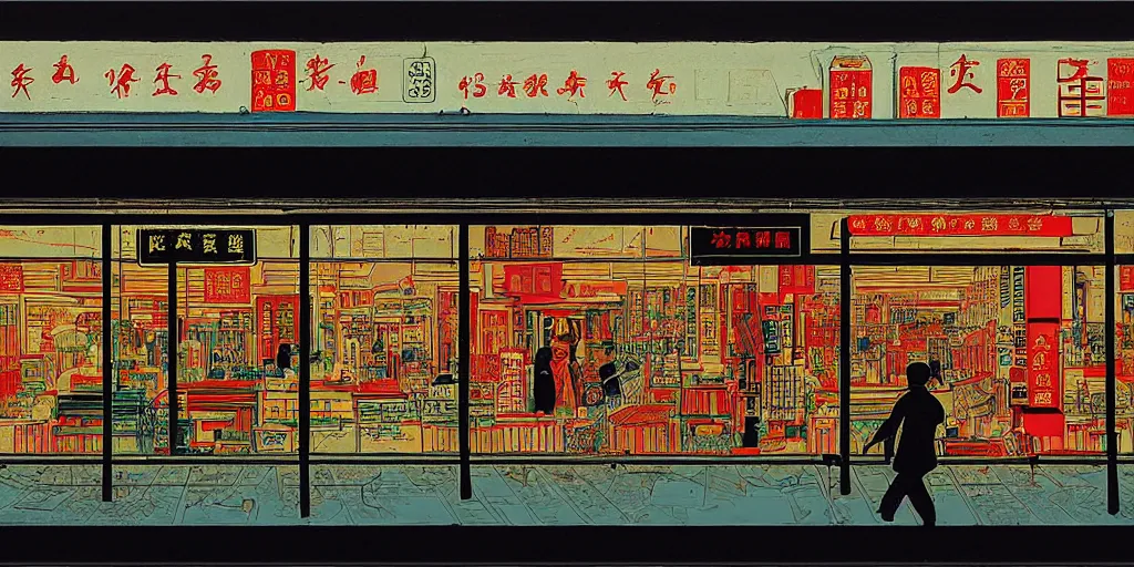 Prompt: a shop window in hong kong, by dan mumford and peter doig and edward hopper, minimal, black in, thick black lines highly detailed, muted colours, overlaid with chinese adverts, 8 k