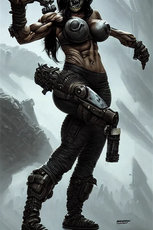 Image similar to gina carano as an ork with prothesis metallic left arm, casual black clothing, muscular, realistic proportions, casual pose, large portrait, sci - fi, shadowrun, rpg character, gun, digital painting, artstation, concept art, smooth, 8 k frostbite 3 engine, ultra detailed, art by artgerm and greg rutkowski and magali villeneuve