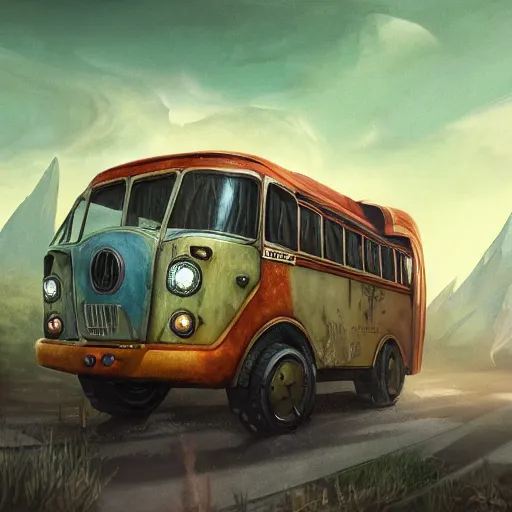 Prompt: Mythical creature - hybrid of bus and wolf, having cabin if form of wolf head and long body of bus with wheels and windows, oil on canvas, fantasy, digital painting, concept art, smooth, sharp focus, illustration, artstation trending, octane render, unreal engine, Ghibli, anime style