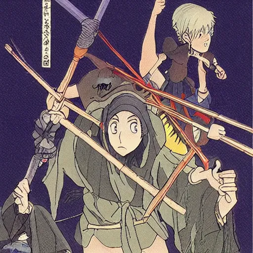 Prompt: a traffic jam of witches with their magic brooms by Studio ghibli, Kentaro Miura, Hiromu Arakawa, Koyoharu Gotouge, Takeshi obata, concept art, golden ratio