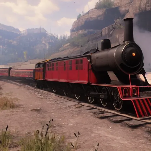 Image similar to futuristic sleek steam locomotive in red dead redemption 2