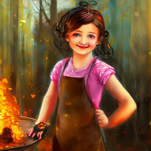 Image similar to the blacksmits’ daughter, working in the forge, a smile at her face, fantasy art in the style of Lilia Alvarado,