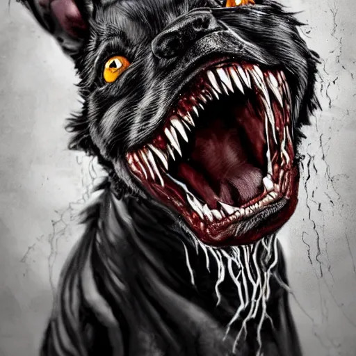 Image similar to venom dog version, ultra realistic, highly detailed, photorealism, scary, intricate detail, high res, textures, extremes, dark, twisted, black, wiry, superhero, antihero, powerful, teeth, licking tongue, dog, hair, german shepard trending on artstation