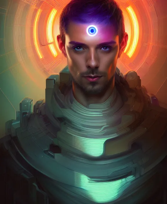 Image similar to a whirlwind inside the metaverse, guy, male, man, hologram, half body, neurochip, android, cyborg, cyberpunk face, by loish, d & d, fantasy, intricate, elegant, highly detailed, colorful, digital painting, artstation, concept art, art by artgerm and greg rutkowski and alphonse mucha