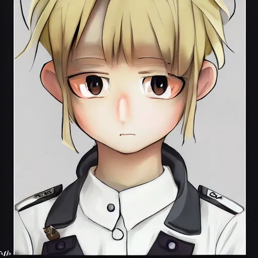 Image similar to beautiful little blonde boy in nazi uniform. made in abyss art style, inspired by kris from deltarrune, cute detailed artwork, anatomically correct, soft details, ilya kuvshinov, reflection, perfect composition, portrait, illumination, digital art, detailed anime soft face, symmetrical face, western comic, illustration, realistic, sadistic face