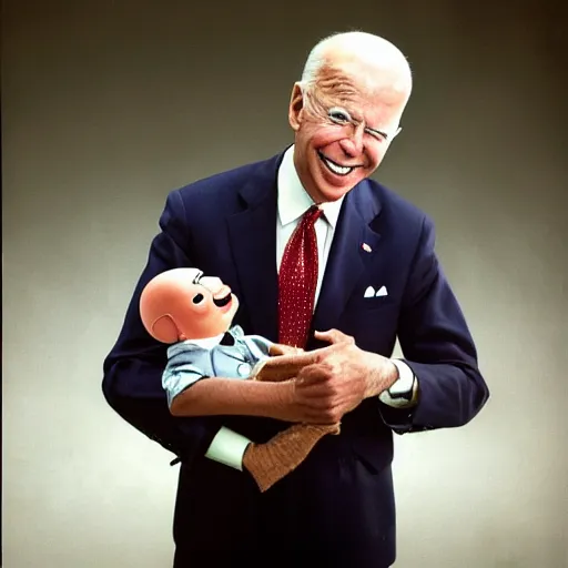 Image similar to UHD candid color photo of (Nazi Klaus Schwab) holding a (ventriloquist dummy of Joe Biden), accurate faces, UHD, photorealistic, correct face, photo by Annie Leibowitz