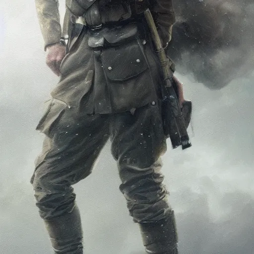 Image similar to a dramatic epic ethereal portrait of a German WWII soldier, full body with dynamic pose, male, detailed face, cinematic lighting, highly detailed oil on canvas painting by Greg Rutkowski, winning-award digital art trending on Artstation H 1024 W 832