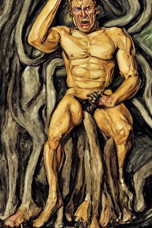 Image similar to Beast ,fully clothed, from the X-Men oil painting by Lucian Freud