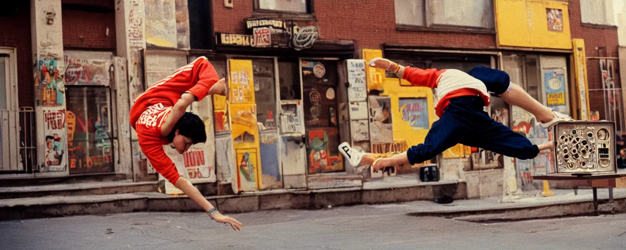 Prompt: 1 9 8 0's breakdancing next to a boombox made of spaghetti nyc, afternoon light, detailed, canon 2 0 mm, wes anderson, kodachrome