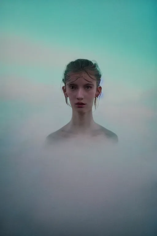 Image similar to high quality pastel coloured film close up wide angle photograph of a model wearing clothing swimming on cloud furniture in a icelandic black rock!! environment in a partially haze filled dreamstate world. three point light, rainbow. photographic production. art directed. pastel colours. volumetric clouds. pastel gradient overlay. waves glitch artefacts. extreme facial clarity. 8 k. filmic.