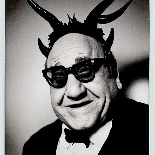 Prompt: a polaroid of danny devito as the devil, red horns