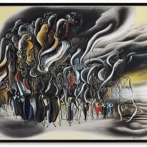 Image similar to An abstract painting of a tornado made of elephants and pianos by Salvador Dali, black and white color palette, dusk