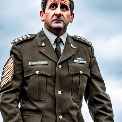 Image similar to steve carrel wearing military outfit and camouflage cinematic photoshoot high quality highly affordable photo realistic 8 k hd