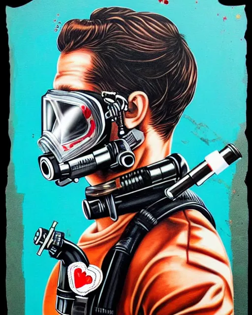 Image similar to portrait of an armoured diver man wearing oxygen mask, has blood, rose, a pistol and a syringe needle with sea background intricate details with horror side profile by Sandra Chevrier