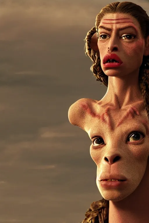 Image similar to film still of jar jar binks as a female cowgirl, long eyeslashes, huge juicy lips, big seductive eyes, dolce & gabbana campaign, shot by mario testino, realistic vfx simulation