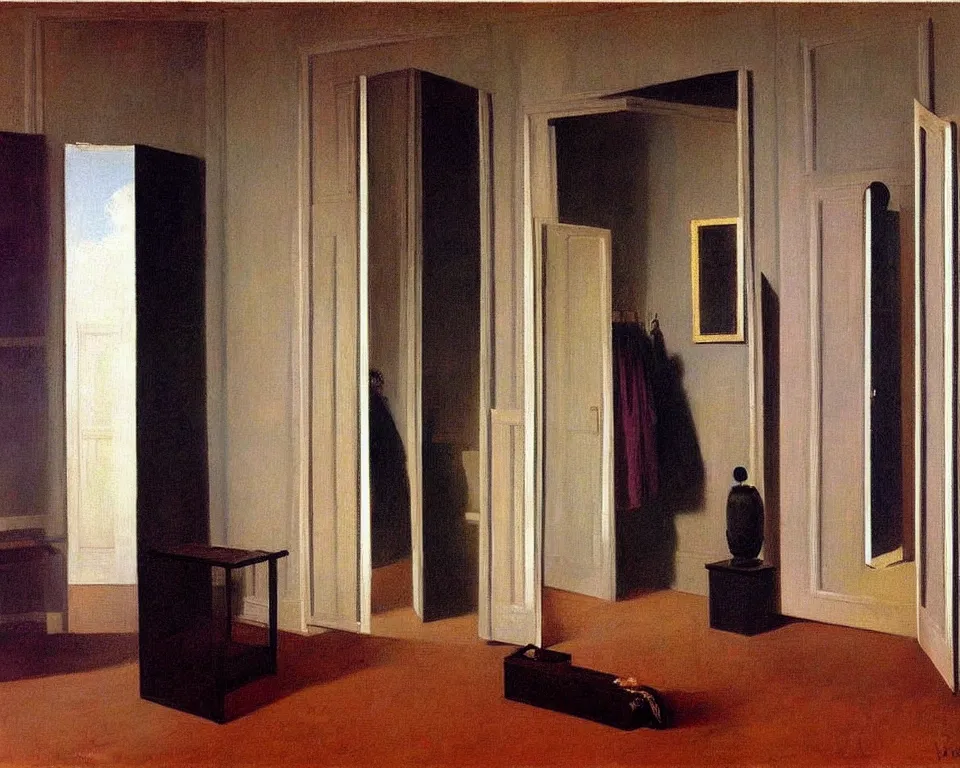Image similar to achingly beautiful painting of a sophisticated, well - decorated closet by rene magritte, monet, and turner. whimsical.