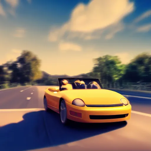 Prompt: convertible with cat driver on road driving towards camera, motion blur, clear sky, golden hour, unobstructed road, artstation