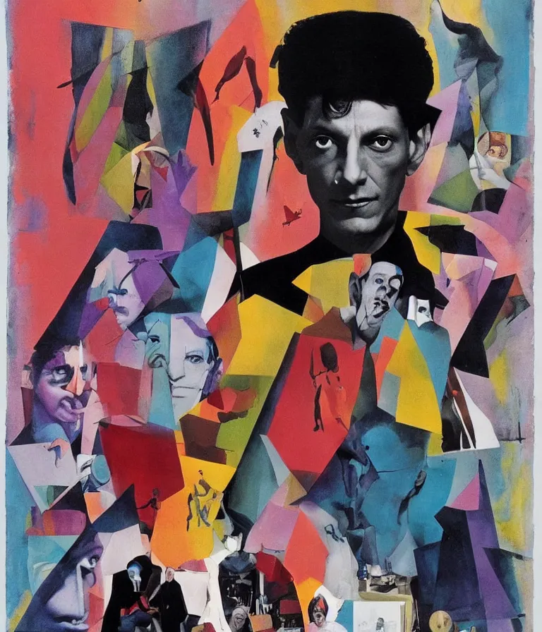 Image similar to Beautiful colorful Minimalist!! Horror Movie Poster made for the film Kafka's the Metamorphosis (1987) Starring Jeff Goldblum and a large insect, photo collage and oil painting by David Cronenberg and Man Ray, trending on artstation dramatic lighting minimalist! collage 8k