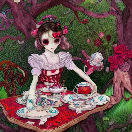 Image similar to Alice in Wonderland at the tea party with Mad Hatter, surrounded by red and white roses, bioluminescent fungi and gnarled trees, digital illustration, inspired by Aeon Flux, Japanese shoujo manga, pre-raphaelite, Takashi murakami, hyper detailed, phantasmagoric, muted and pastel shades, image composition by Möbius, extremely fine linework